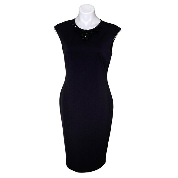 Tahari ASL NWT $169 Black Beaded Knit Cocktail Sheath Dress, Women's Size 8 - Picture 1 of 9